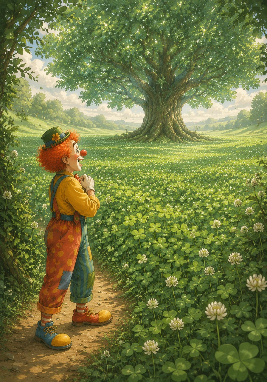 Following the narrow trail, Clara discovered a beautiful, hidden meadow filled with millions of vibrant green clovers dancing in the wind. Right in the middle of the field stood a magnificent, ancient tree with leaves that shimmered like polished emeralds.