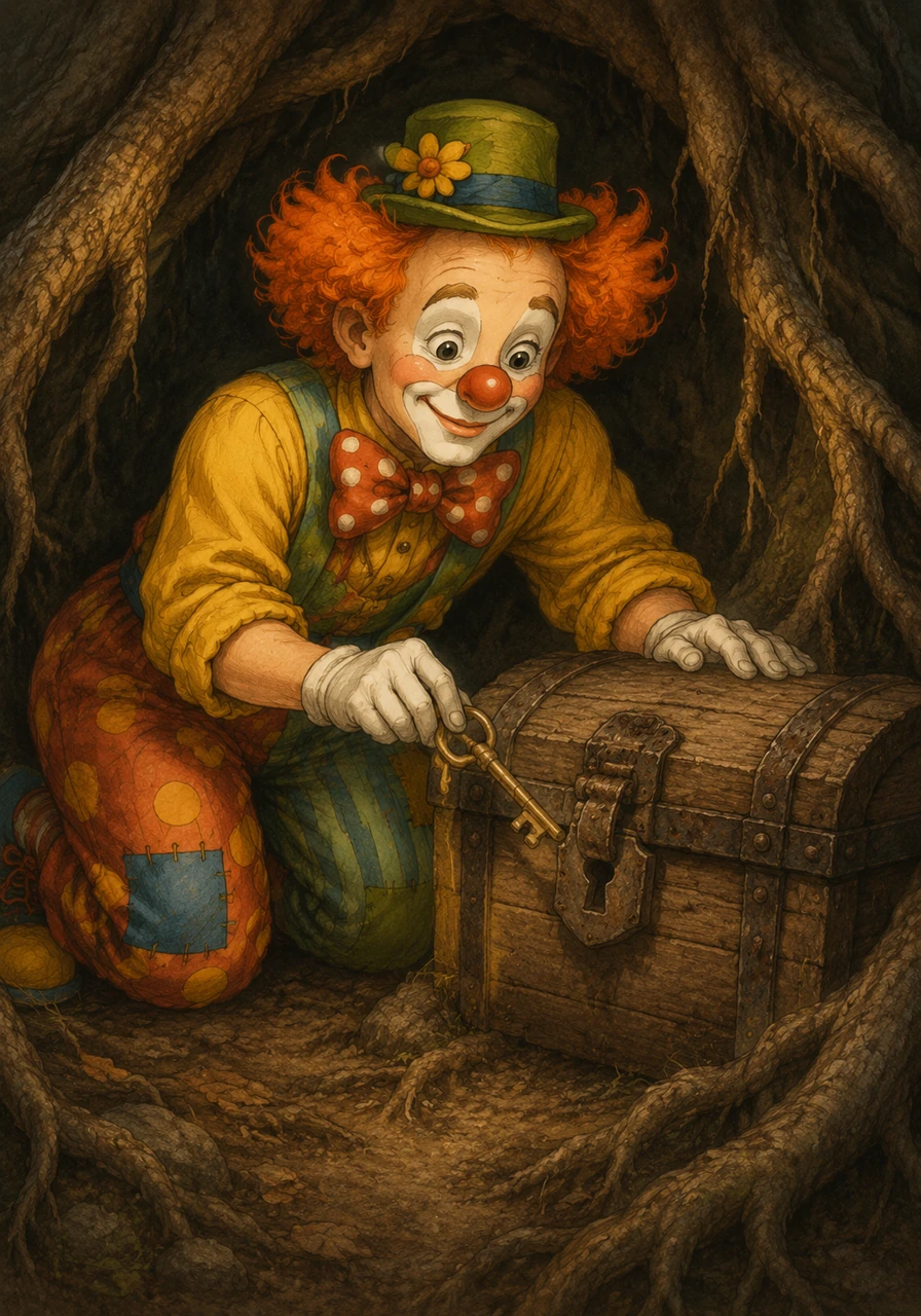 Beneath the deep roots of the grand tree, she found a small wooden chest sealed tightly with a heavy, rusted iron clasp. She reached deep into her cloak pocket, pulled out a shiny brass key, and carefully clicked it into the ancient lock.