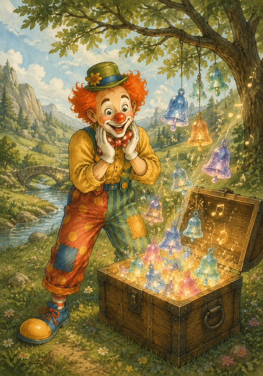 The heavy wooden chest popped open to reveal no gold or gems, but a dazzling collection of beautiful, magical crystal bells. When the gentle valley wind blew through the branches, the crystals began to chime a sweet, clear melody that filled the air with pure joy.