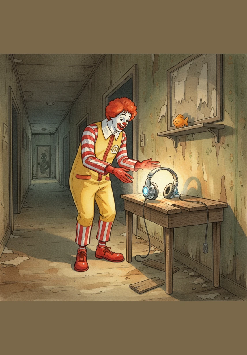 In the corner of a long hallway, Ronald finds a glowing silver headset resting on a rickety wooden table. The light reflects off the metal, making it look like a real treasure.