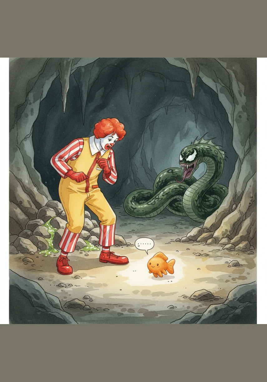 Suddenly, a little orange Goldfish snack rolls into the light. The Goldfish looks right at Ronald and tells him that he should not steal the headset.
