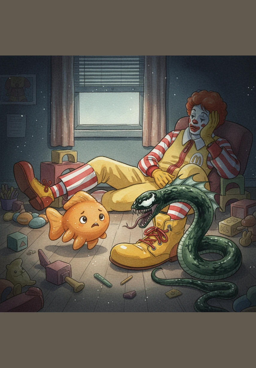 From the shadows, Venom the long green snake slithers across the floor. Venom is Ronald’s secret accomplice, and he moves through the rubble with a low hiss.