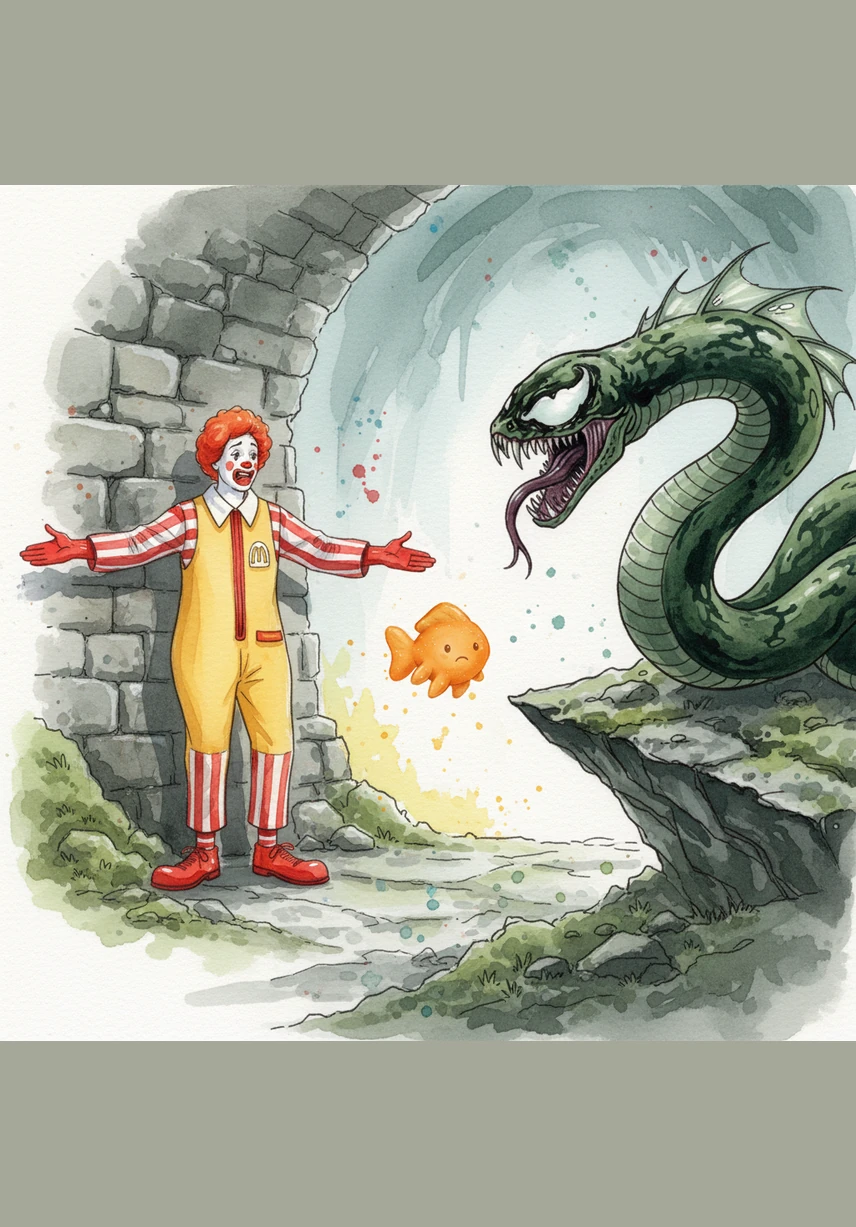 Venom whispers to Ronald that they must stop the Goldfish from telling the truth. The snake’s red tongue flicks as he circles the little snack.