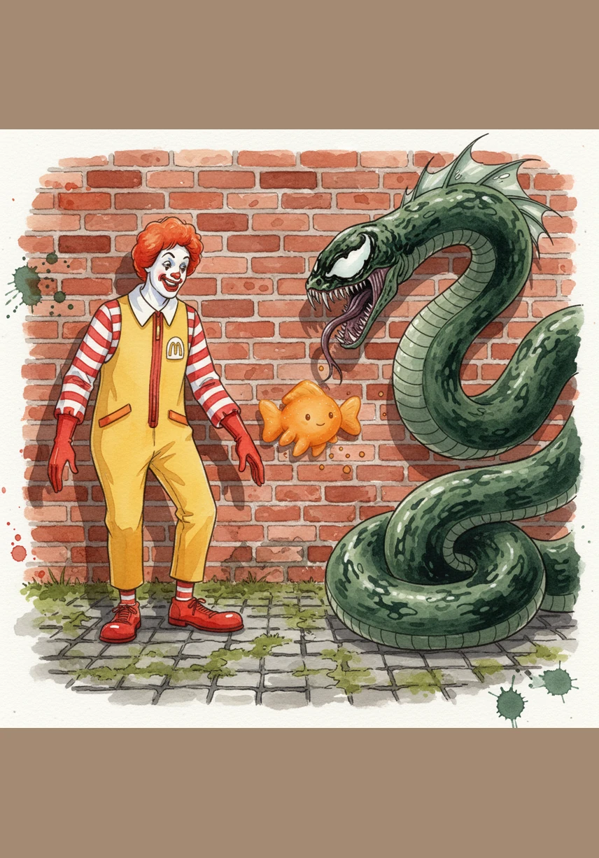 The Goldfish tries to leap away, but Ronald and Venom are much faster. They corner the crunchy little snack against a rough brick wall.