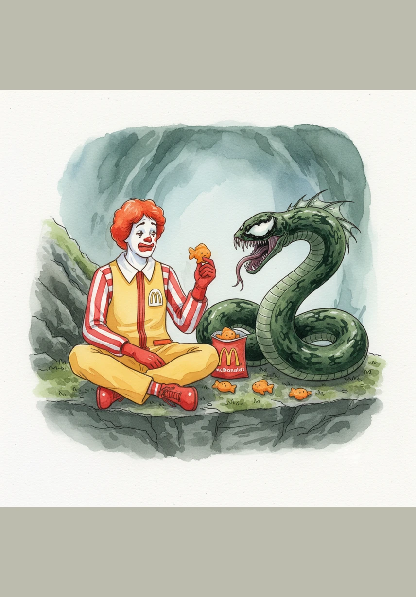 Ronald and Venom decide to eat the Goldfish so they can get away with their crime. They share the salty snack, and Ronald feels relieved that the witness is gone.
