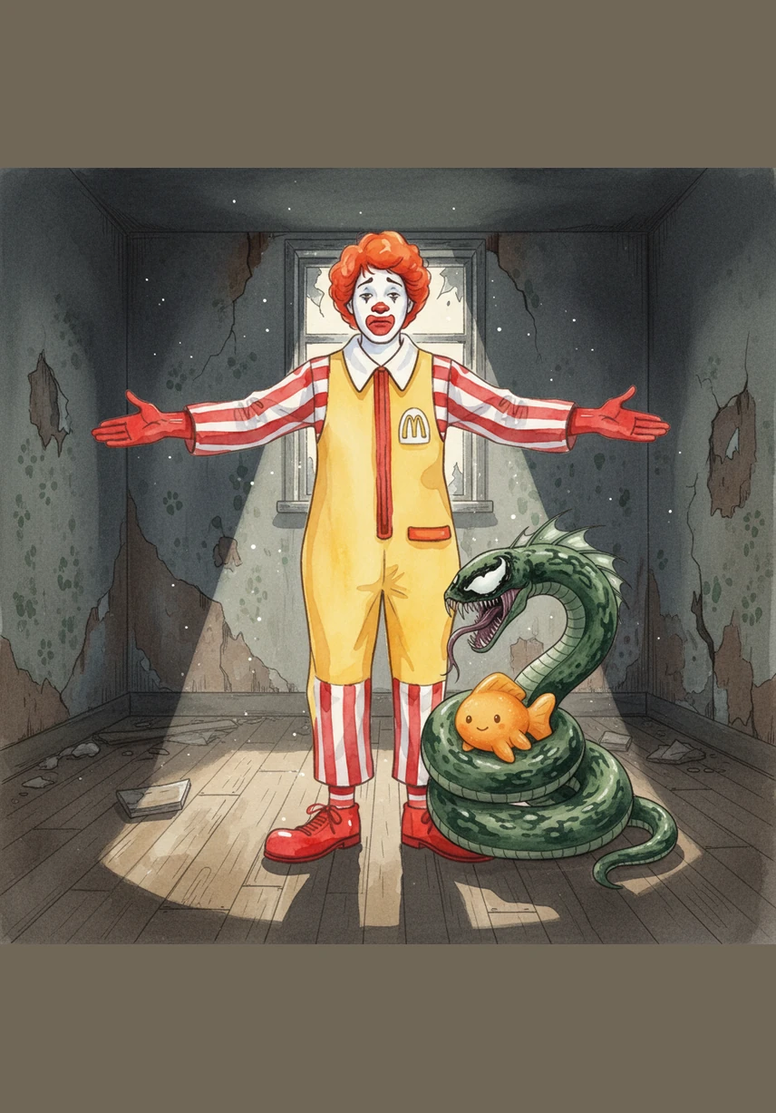 Ronald puts the silver headset over his ears and grins at the long snake. They relax together in the dark, abandoned room, proud of their rare and thievish victory.