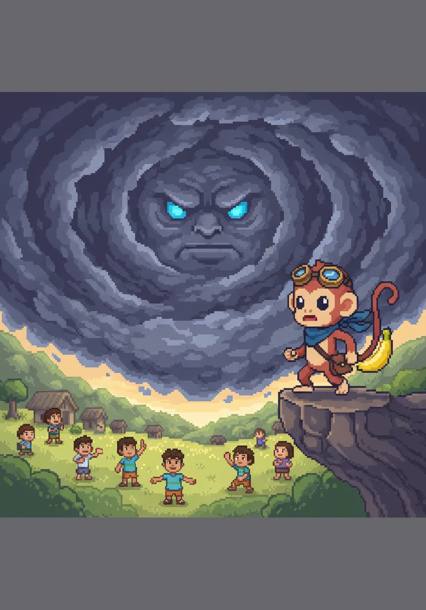 Dark, swirling clouds gather over the sunny valley where the villagers are happily playing. "Uh-oh," chatters Momo the monkey, hiding his banana behind his back, "those clouds look like they skipped breakfast and are very, very grumpy!"