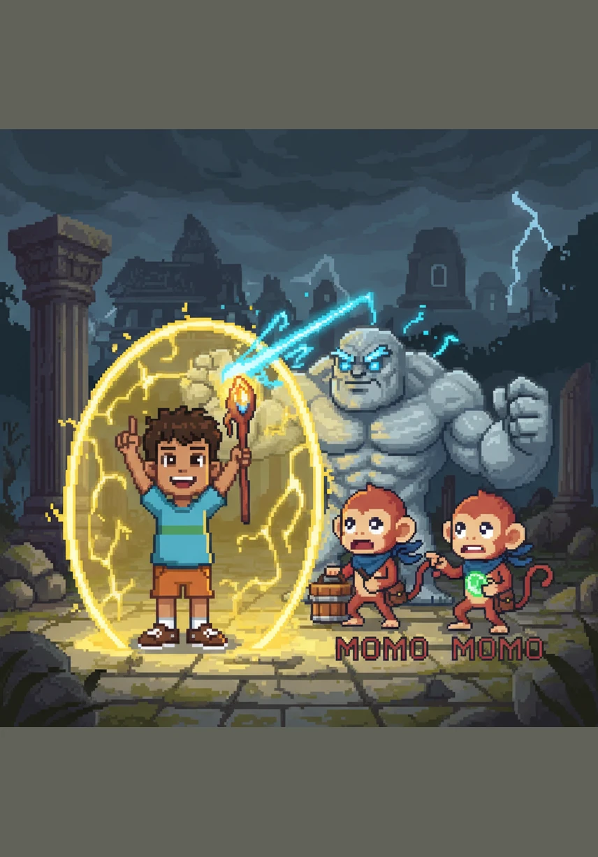 The villagers are busy piling up giant cakes and mountains of fruit on a golden altar for the Great Sky King. Everyone is rushing around, sweating and nervous, hoping the Sky King won't send a storm if he has a full belly.