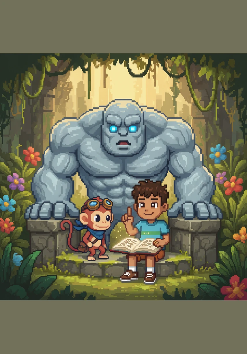 Leo sits calmly on a big rock, watching his neighbors run in circles while Momo tries to balance a giant pineapple on his head. "Why are we giving all our yummy snacks to the sky?" Leo asks with a playful, curious wink.