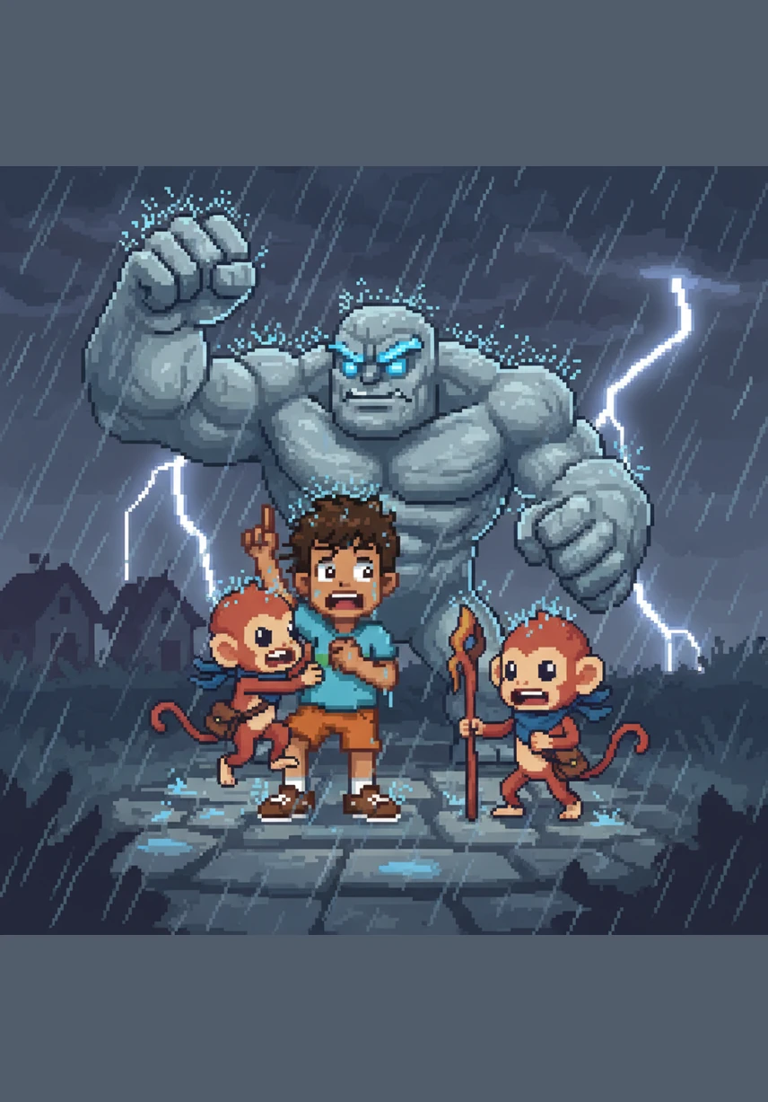 Rain pours down in buckets, and the wind whistles so loudly that the cows start to spin around like furry tops. "I knew I should have worn my yellow raincoat!" Momo screams, clinging to Leo’s hair as the villagers run for cover.