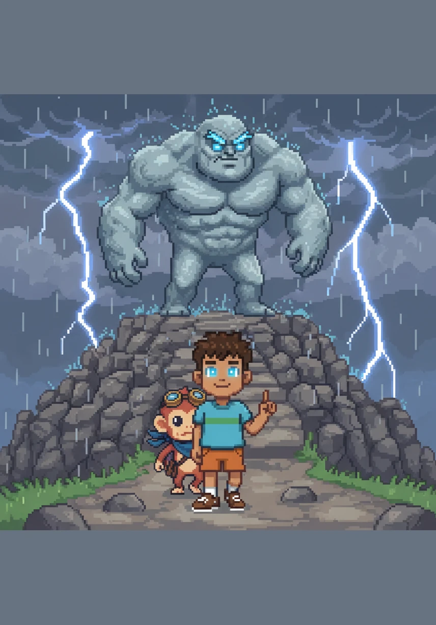 While everyone else hides, Leo walks slowly toward the Great Hill, his face calm and his eyes bright with a secret power. "Don't worry, Momo," he whispers over the thunder, "the mountain is our friend, and friends always help each other."