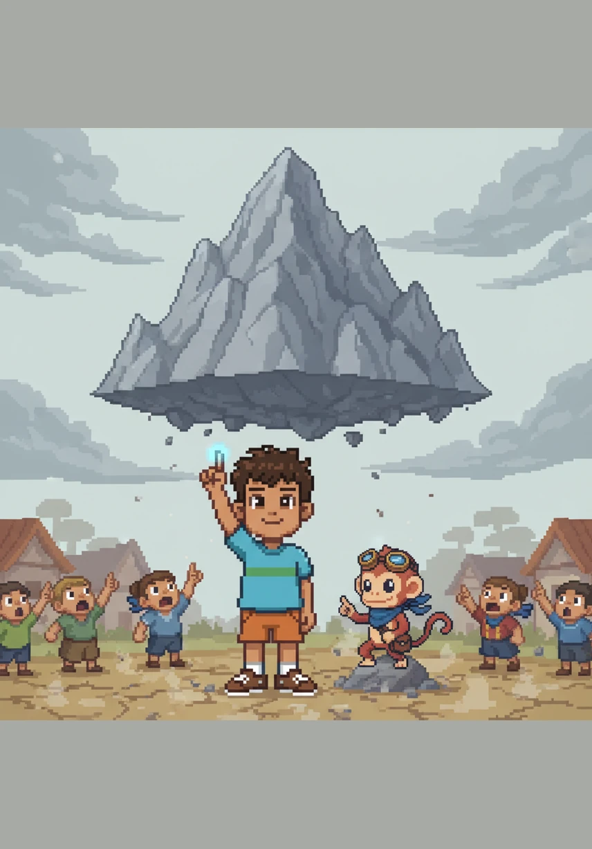 With a tiny smile and just one finger, Leo reaches up and lifts the entire massive mountain high into the air. The ground shakes, and the villagers gasp as the giant rock floats above them like a magnificent stone umbrella.