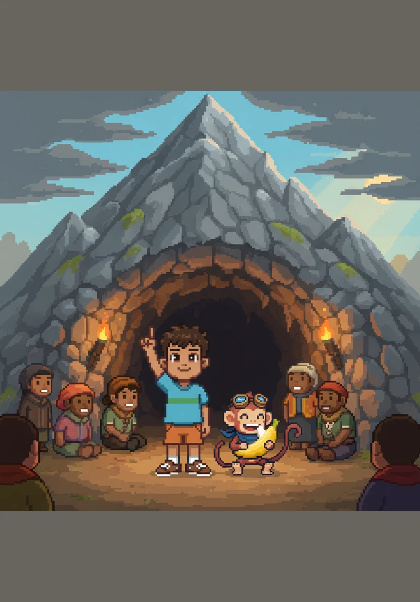 Everyone huddles safely under the mountain, dry and warm, while the Storm King finally runs out of breath and gives up. "Helping others is the biggest power of all," Leo says, as Momo finally finds his lost banana and takes a happy bite.