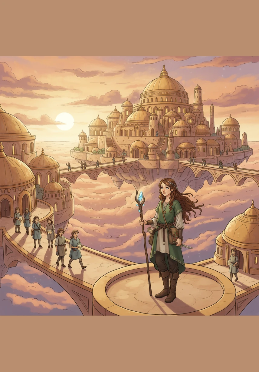 High above the world, the Cloud City of Veda glowed at sunset, a majestic place of golden domes where every citizen carried a glass jar to collect their daily achievements.