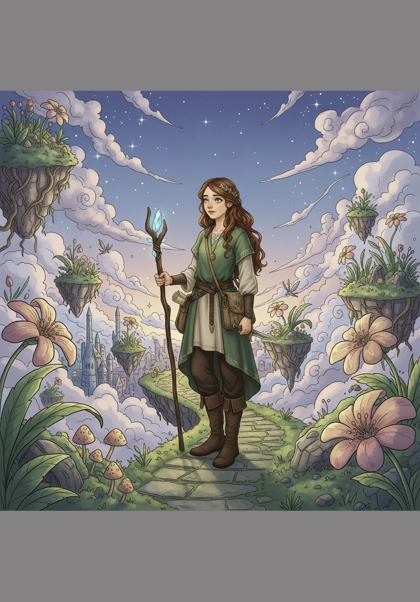 Beyond the busy streets, Elara discovered a secret garden hidden among the clouds, filled with hundreds of jars glowing with a soft, feathery golden light.
