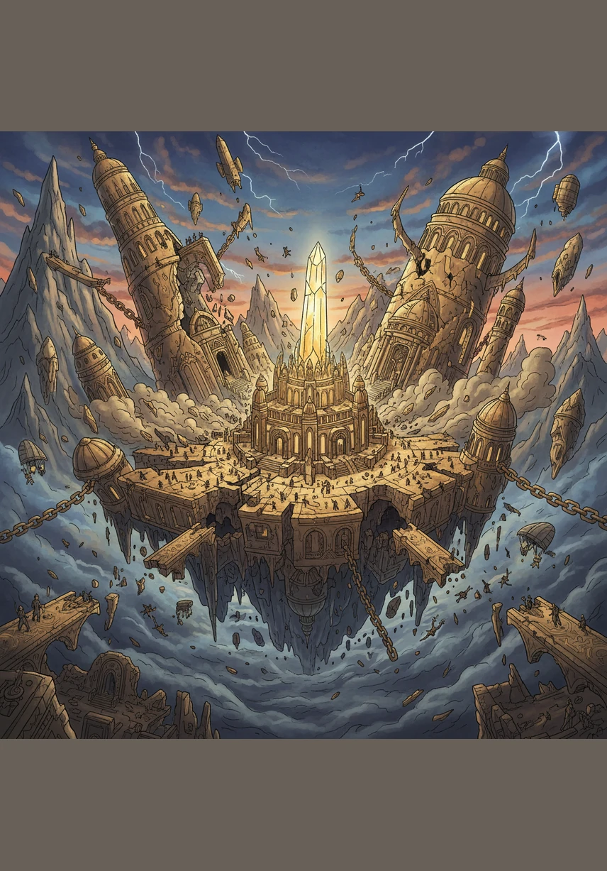 Back in the city, the jars of great achievements grew so heavy that the clouds could no longer hold them, and the golden city of Veda began to sink.