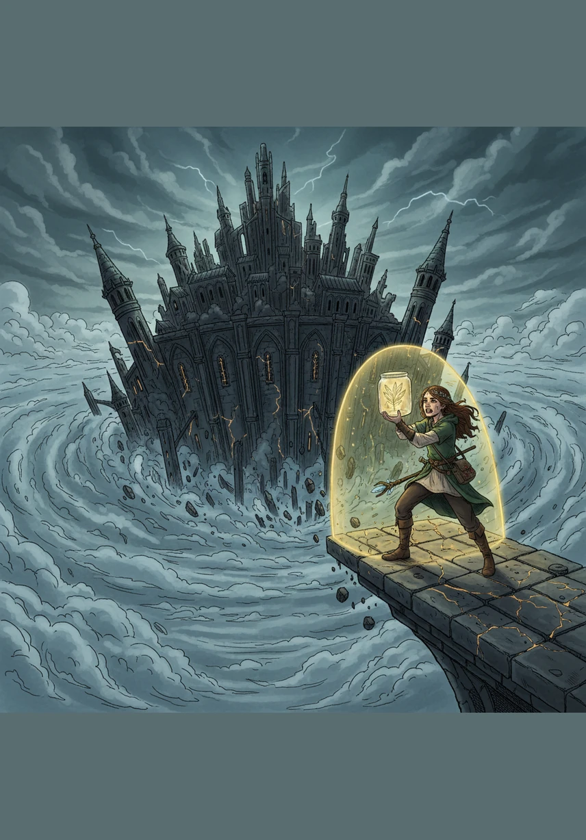 Panicked citizens rushed to add even more bright victories to their jars, but the added weight only made the city tilt and fall faster into the swirling mists below.