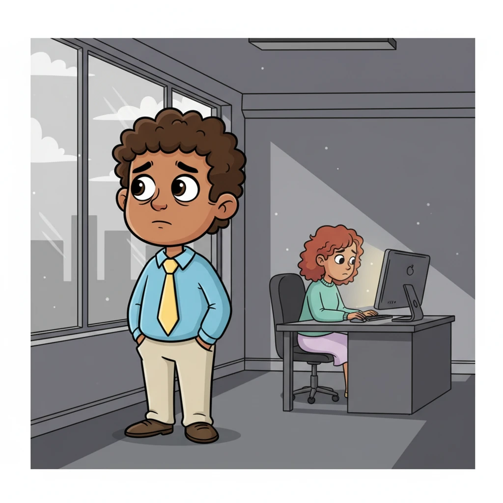 As days turned into weeks, Tom's vibrant new world began to lose its sparkle, feeling more like a never-ending to-do list than a grand adventure. His coworker was perpetually absorbed in her own tasks, and the office lights seemed to dim, leaving Tom feeling isolated. He often stared out the window, a wistful expression on his face, longing for something he couldn't quite name.