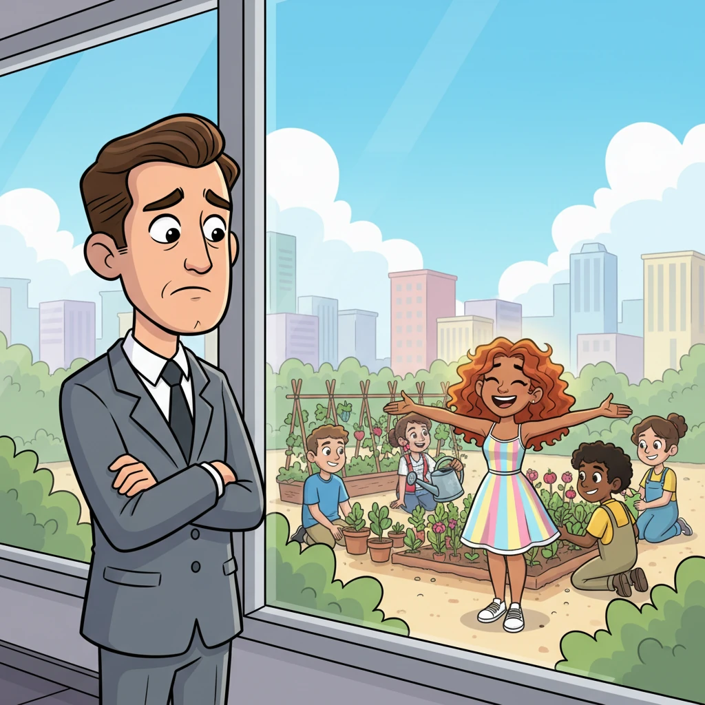 One afternoon, from his office window high above the city, Tom spotted a familiar burst of color in a nearby park. It was Lily, surrounded by friends, her laughter echoing brightly as she tended a small community garden. Her face glowed with genuine happiness, and a sharp pang of regret pierced Tom's heart, realizing the vibrant joy he had left behind.