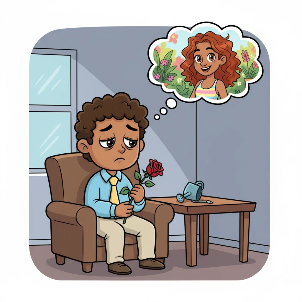 Tom sat alone in his quiet apartment, holding a single, wilted flower he'd found on his desk, a stark contrast to Lily's thriving garden. His shoulders slumped, and his exaggerated frown deepened as memories of Lily's radiant smile flooded his mind. He finally understood the true cost of his choices, a heavy weight settling in his chest.