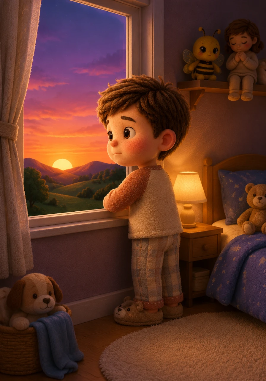 Le soleil se couche doucement derrière les collines, peignant le ciel de nuances violettes et orangées. Dans sa chambre, le petit Léo regarde par la fenêtre avec un pincement au cœur, sachant que l'heure du coucher approche à grands pas.