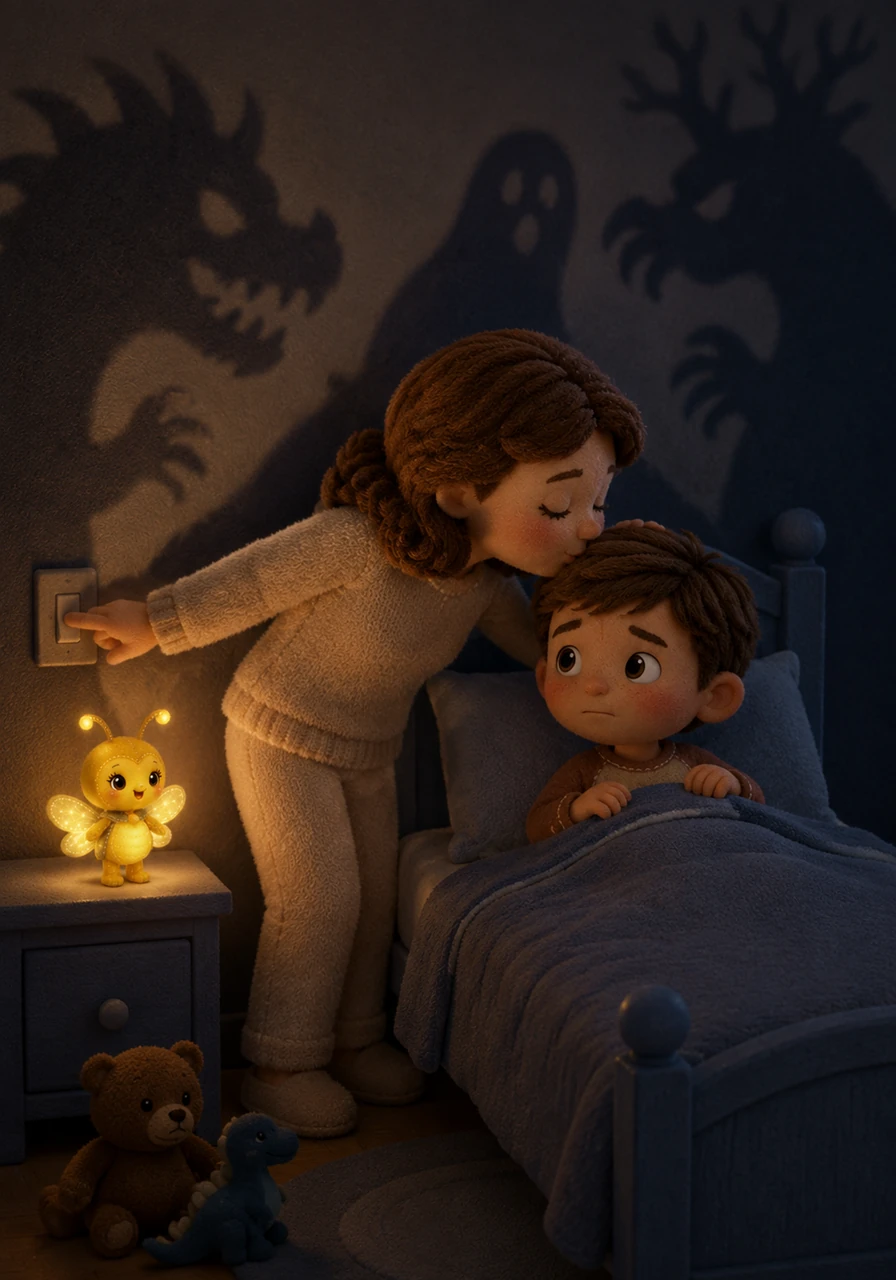Maman embrasse Léo sur le front et éteint la grande lumière, ne laissant que la faible lueur de la veilleuse. Aussitôt, la chambre se remplit de grandes ombres mystérieuses qui s'allongent sur les murs, faisant battre le cœur de Léo un peu plus vite.
