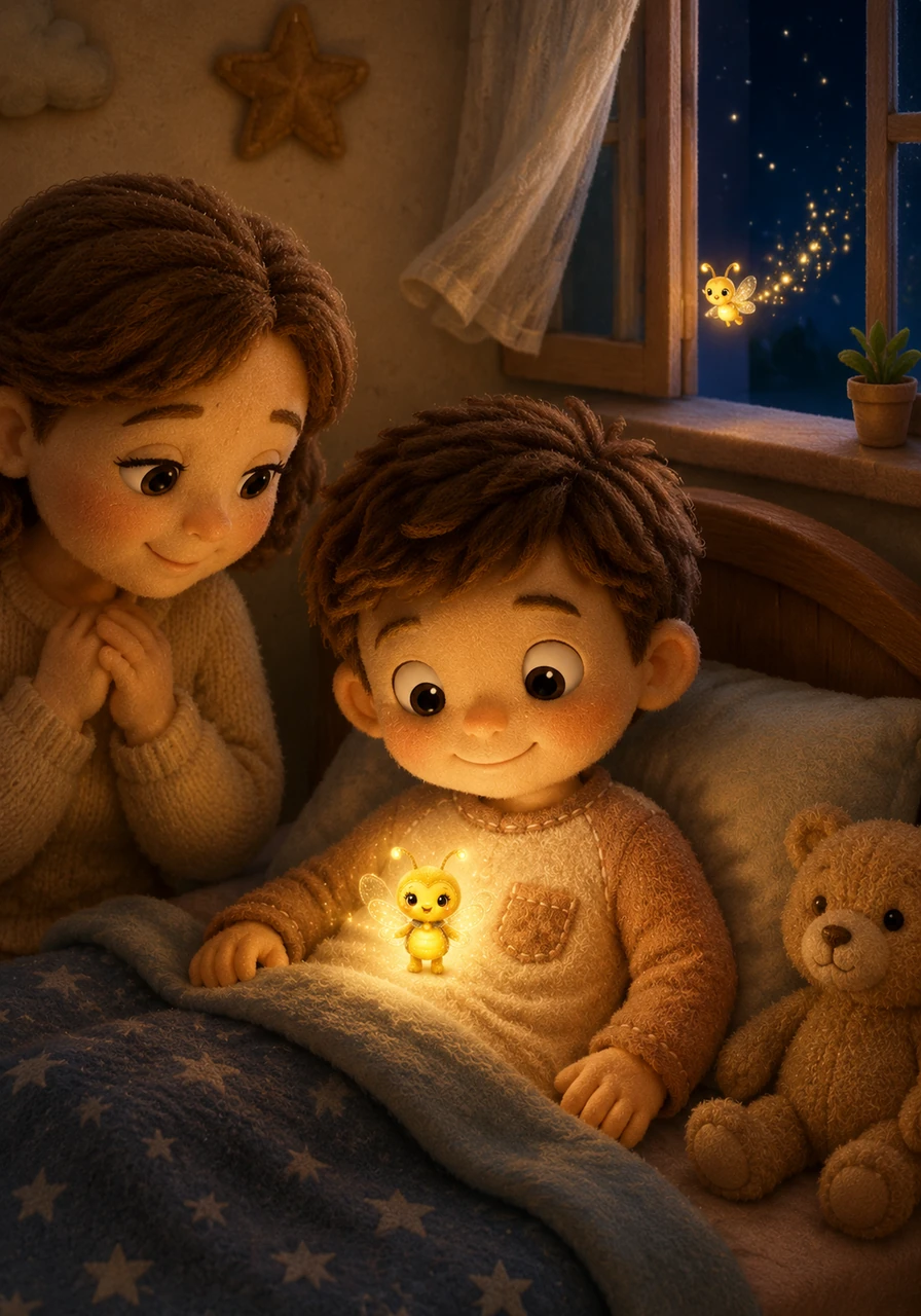 Soudain, une petite luciole scintillante entre par la fenêtre entrouverte et vient se poser sur le pyjama de Léo. Sa lumière dorée et chaleureuse enveloppe le petit garçon, lui apportant un doux sentiment de sécurité.