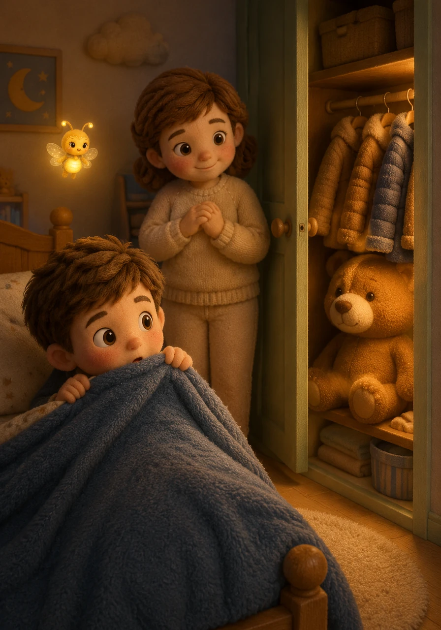 Léo ose enfin sortir sa tête de la couverture et regarde vers son armoire entrouverte. L'ombre qui ressemblait à un monstre poilu se révèle être simplement son gros ours en peluche et ses manteaux d'hiver suspendus.