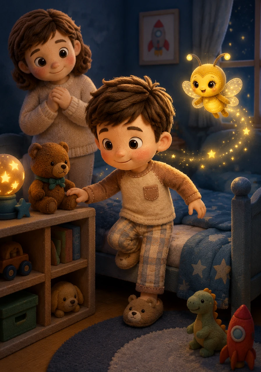 Encouragé, Léo descend doucement de son lit, guidé par la joyeuse luciole qui tourbillonne autour de lui. En touchant les objets de sa chambre, il réalise que la nuit ne change pas les choses, elle les habille seulement d'un manteau de mystère.