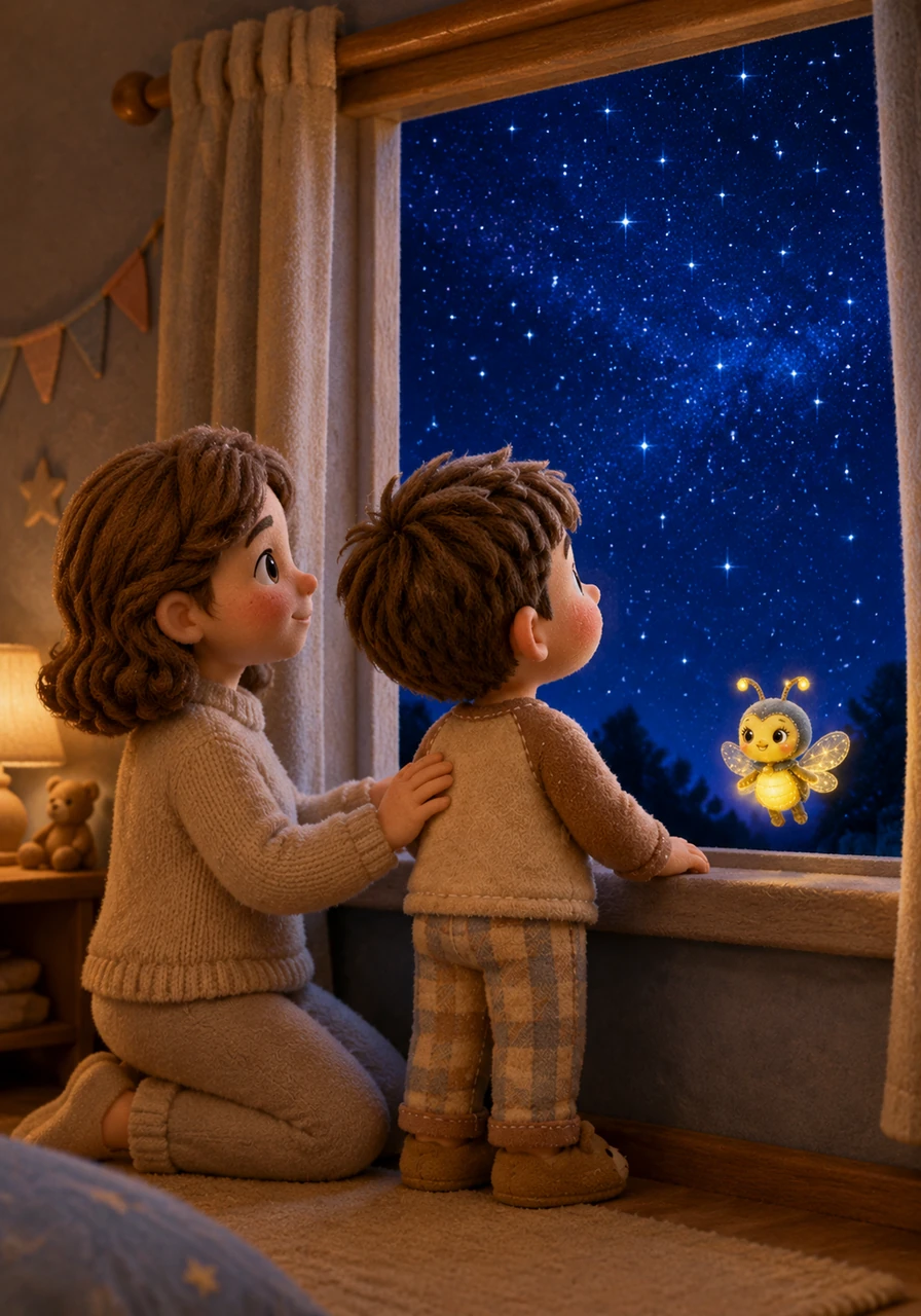 Le petit garçon s'approche de la fenêtre et regarde le grand ciel étoilé qui brille de mille feux à l'extérieur. La nuit n'est plus un grand trou noir effrayant, mais un immense océan bleu nuit parsemé de diamants scintillants.