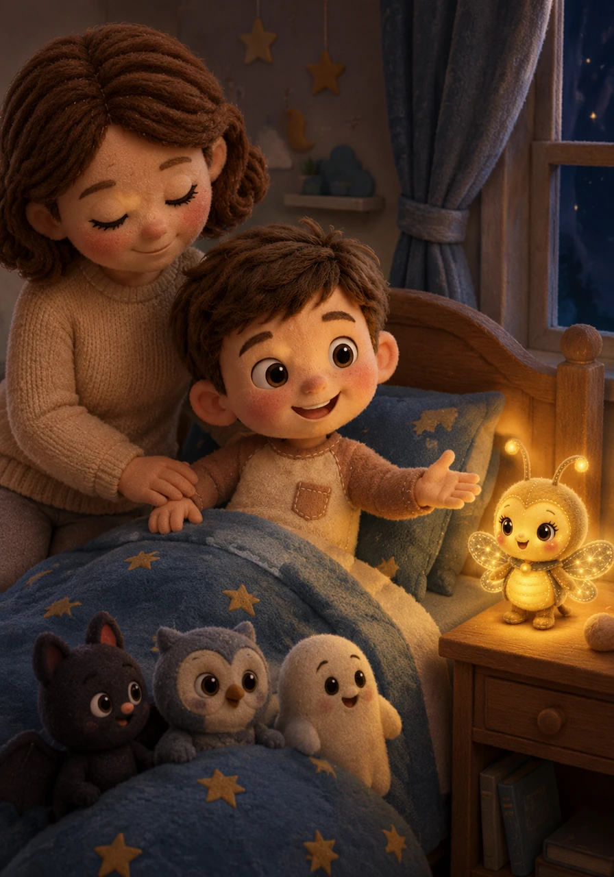 Léo retourne se coucher avec un grand sourire, invitant la luciole à se reposer sur sa table de nuit. Il se sent désormais fort et courageux, prêt à passer une nuit paisible sous la garde de ses nouveaux amis de l'ombre.