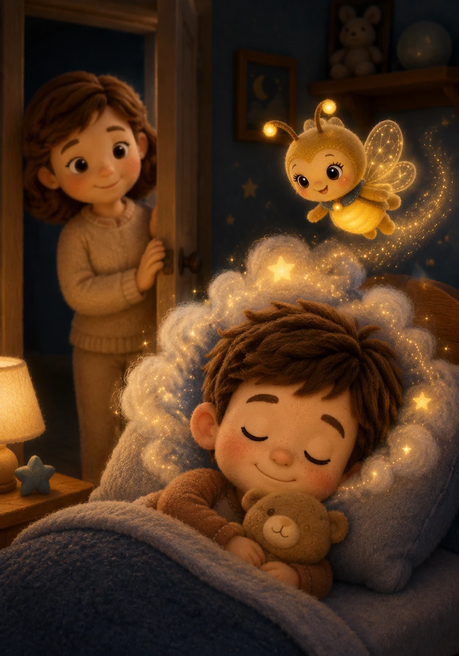 Les yeux de Léo se ferment doucement alors qu'un rêve étoilé commence à l'envelopper. La chambre est paisible, le noir est devenu un tendre complice, et le petit garçon s'endort profondément, libéré de toutes ses peurs.