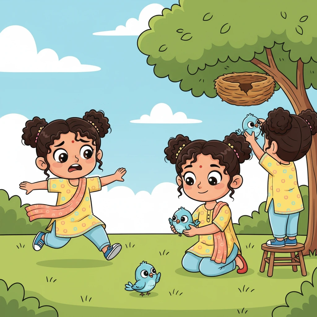 ഒരു ദിവസം, ഒരു കൊച്ചുകിളിക്ക് വഴി തെറ്റി താഴെ വീണു. ഗുഡി മോളൂട്ടി വേഗം ഓടിച്ചെന്ന് അതിനെ ശ്രദ്ധയോടെ എടുത്ത്, അതിന്റെ കൂട്ടിൽ തിരികെ എത്തിച്ചു. അവളുടെ മനസ്സിൽ ദയയും സ്നേഹവും നിറഞ്ഞിരുന്നു.