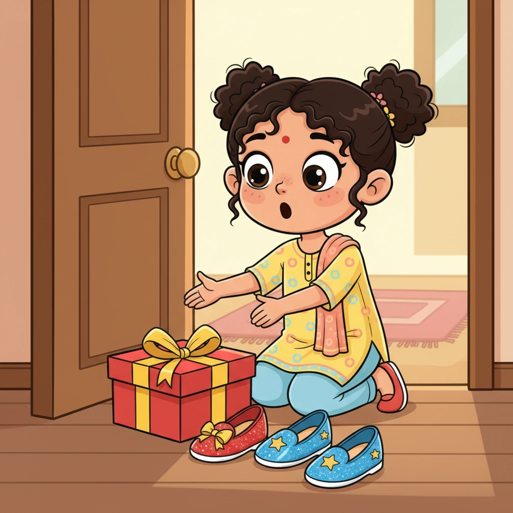 അടുത്ത ദിവസം രാവിലെ, ഗുഡി മോളൂട്ടിയുടെ വാതിൽക്കൽ ഒരു സമ്മാനം കണ്ടു. അതൊരു പുതിയ, തിളങ്ങുന്ന ഒരു ജോഡി ഷൂസായിരുന്നു! അവളുടെ കണ്ണുകൾ അത്ഭുതത്താൽ വിടർന്നു.