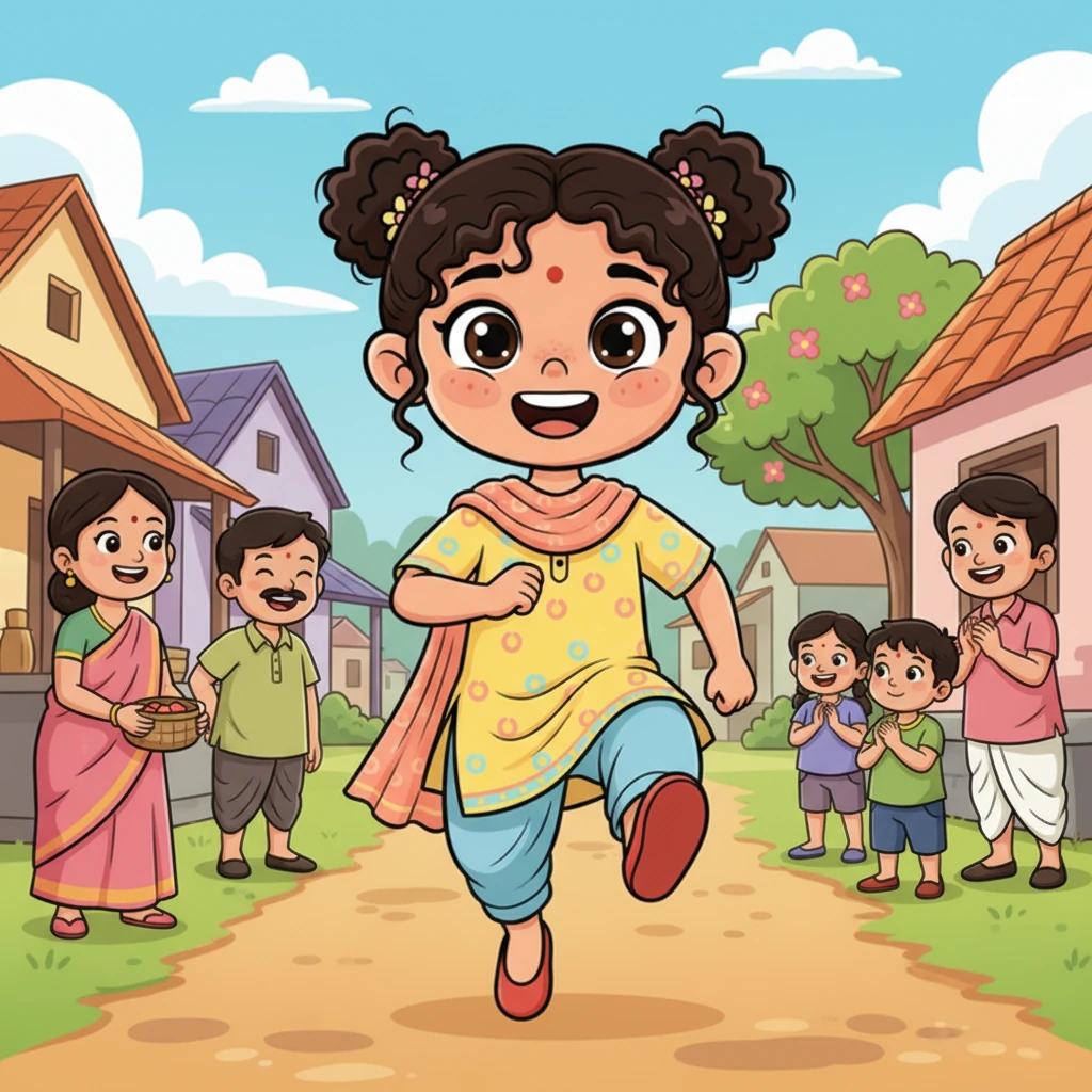 സന്തോഷം അടക്കാനാവാതെ, അവൾ ഗ്രാമത്തിലൂടെ ഓടി, എല്ലാവർക്കും അവളുടെ പുതിയ ഷൂസുകൾ കാണിച്ചു. 'രണ്ട് ഷൂസ്! രണ്ട് ഷൂസ്!' എന്ന് അവൾ ആർത്തുവിളിച്ചു. ഗ്രാമീണരെല്ലാം അവളുടെ നിഷ്കളങ്കമായ സന്തോഷം കണ്ട് പുഞ്ചിരിച്ചു.