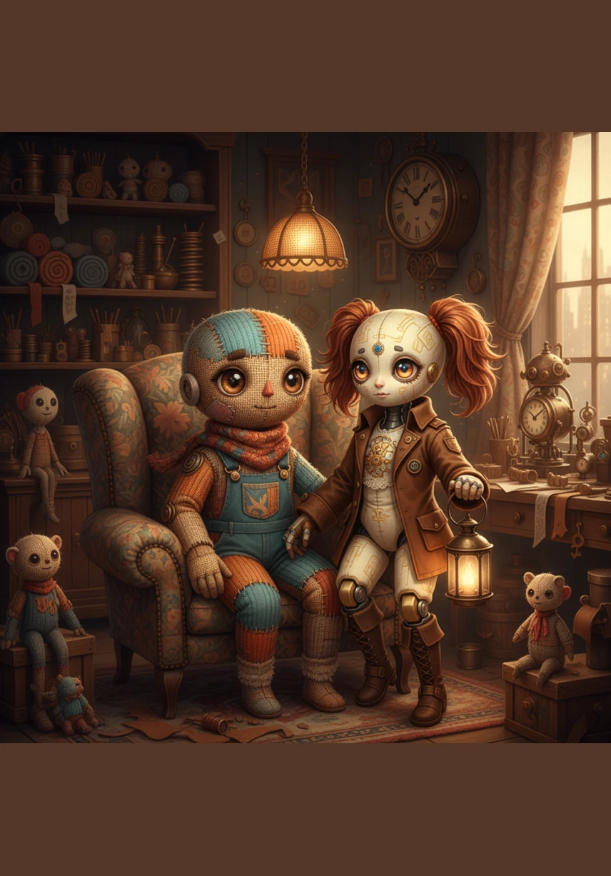 Julian and Clara share a quiet moment in their sanctuary of brass and burlap, the warm glow of the furnace reflecting in their polished lens-eyes as they work together on a giant clockwork heart.