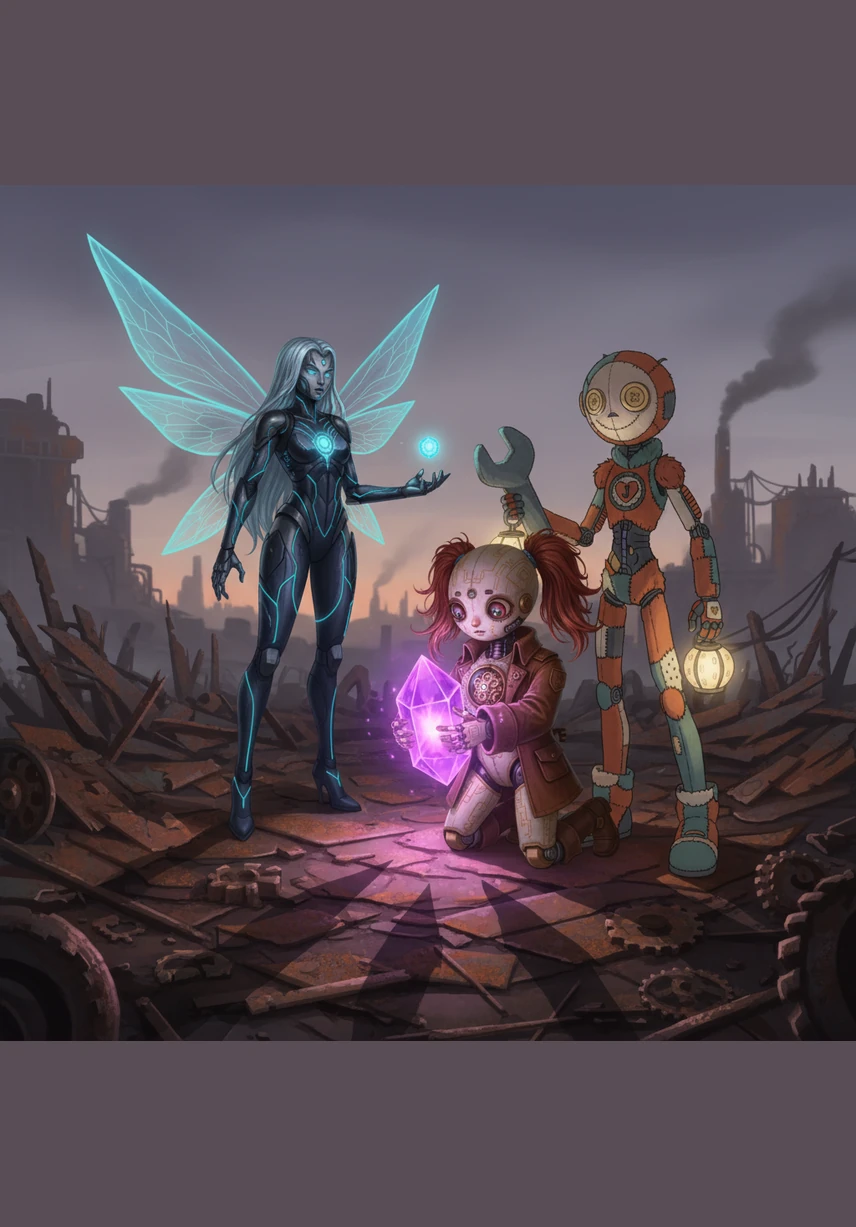 While scavenging in the rusted wasteland beyond the city walls, Julian finds a pulsing violet crystal that hums with a strange, forbidden energy, casting long and jagged shadows across the scrap metal.