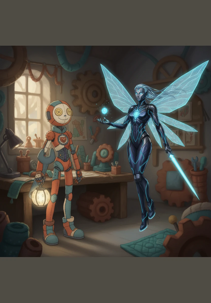 Julian meets a sleek, silver-threaded stranger named Elara in the shadow of a fallen titan, her movements fluid and mesmerizing as she whispers of a world beyond the dusty city.