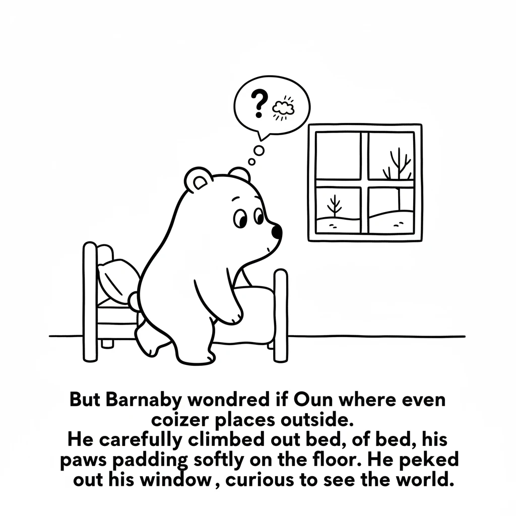 But Barnaby wondered if there were even cozier places outside. He carefully climbed out of bed, his paws padding softly on the floor. He peeked out hi