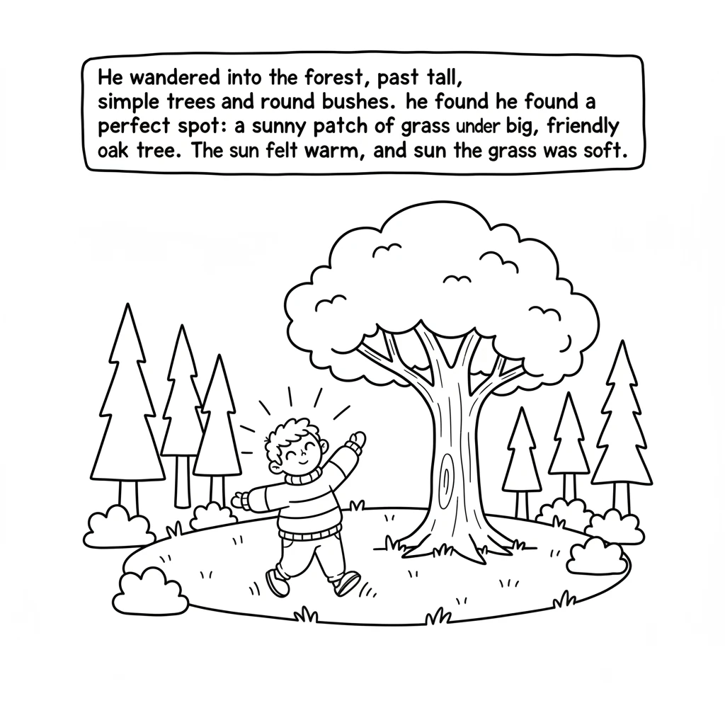 He wandered into the forest, past tall, simple trees and round bushes. Soon, he found a perfect spot: a sunny patch of grass under a big, friendly oak