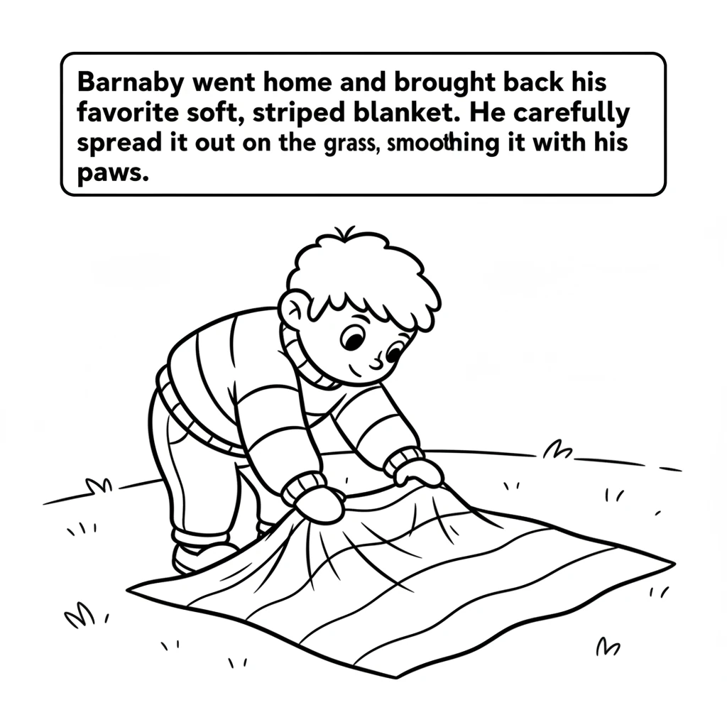 Barnaby decided to make his new spot extra special. He went home and brought back his favorite soft, striped blanket. He carefully spread it out on th
