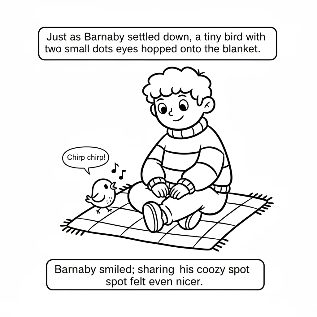 Just as Barnaby settled down, a tiny bird with two small dots for eyes hopped onto the blanket. It chirped a happy little tune, enjoying the warmth. B