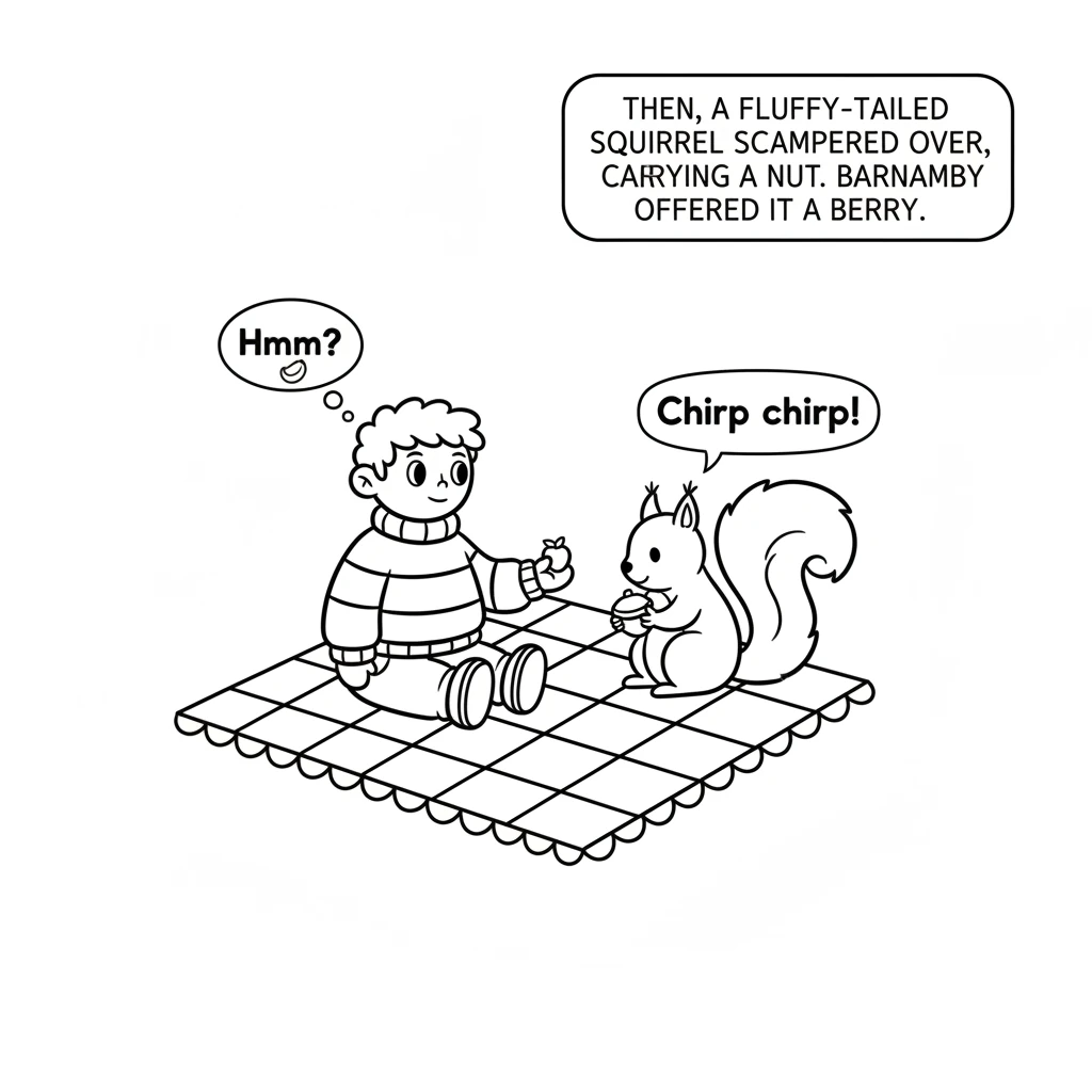 Then, a fluffy-tailed squirrel scampered over, carrying a nut. It sat politely at the edge of the blanket, nibbling its treat. Barnaby offered the squ