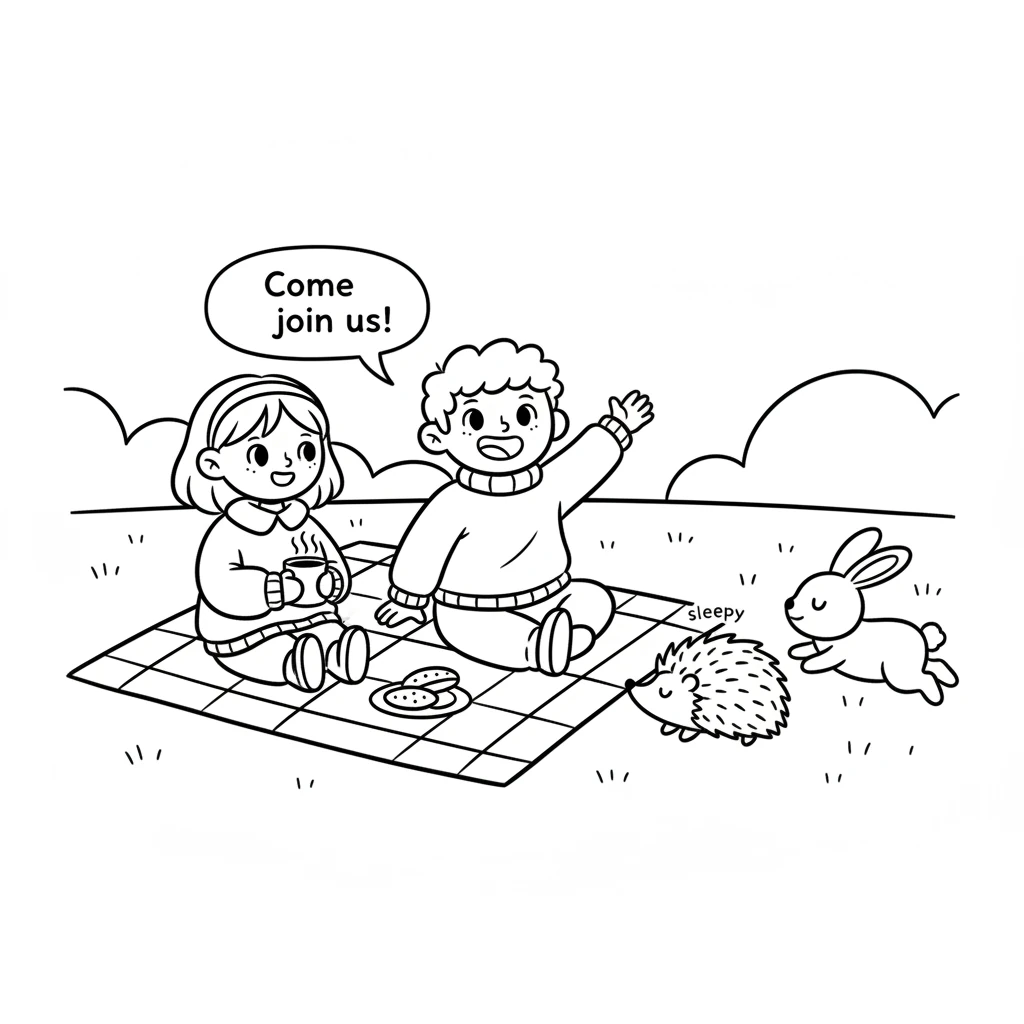 He waved to a sleepy hedgehog and a hopping bunny nearby. "Come join us!" he called out with a joyful voice. The hedgehog and bunny happily padded ove