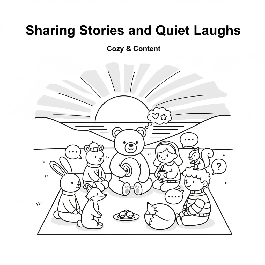 Soon, all his friends were gathered together on the blanket, sharing stories and quiet laughs. The sun began to set, painting the sky with soft, warm