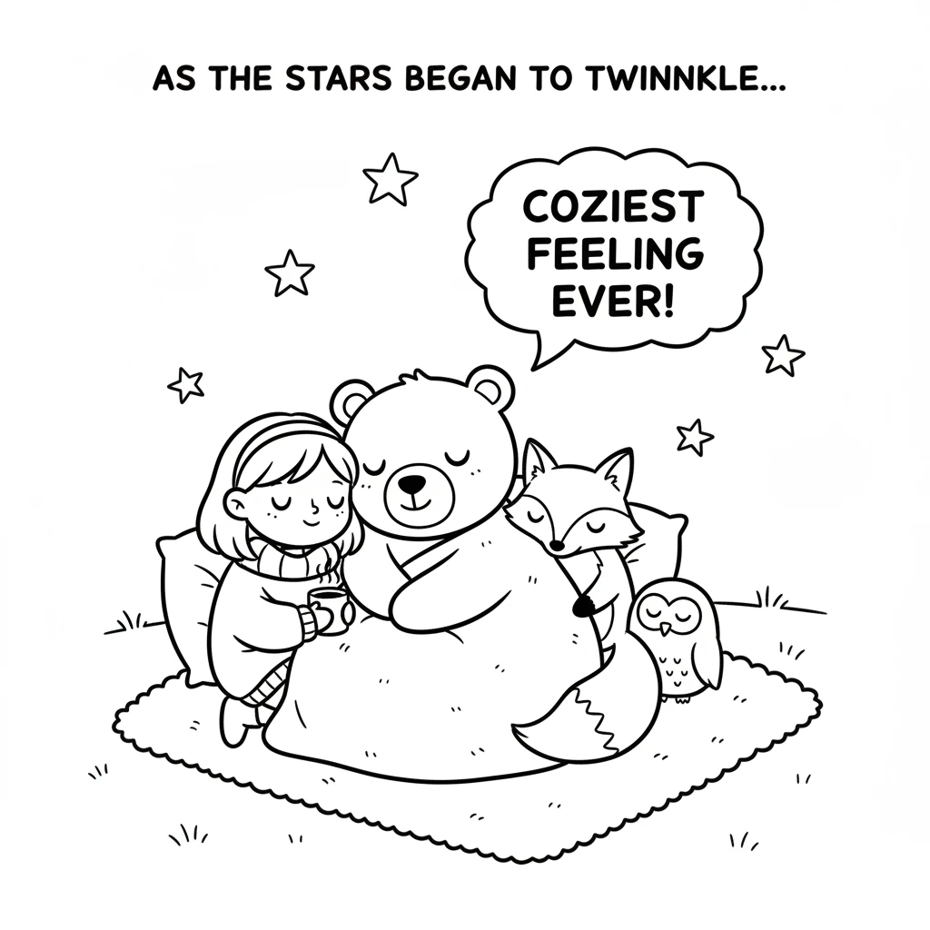 As the stars began to twinkle, Barnaby snuggled into his blanket, surrounded by his dear friends. He knew this was the coziest feeling of all – being