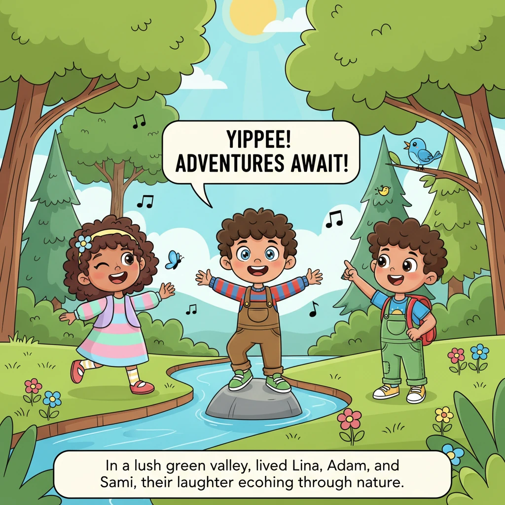 In a lush green valley, nestled among tall trees and filled with the cheerful songs of birds, lived three happy children: Lina, Adam, and Sami. They s