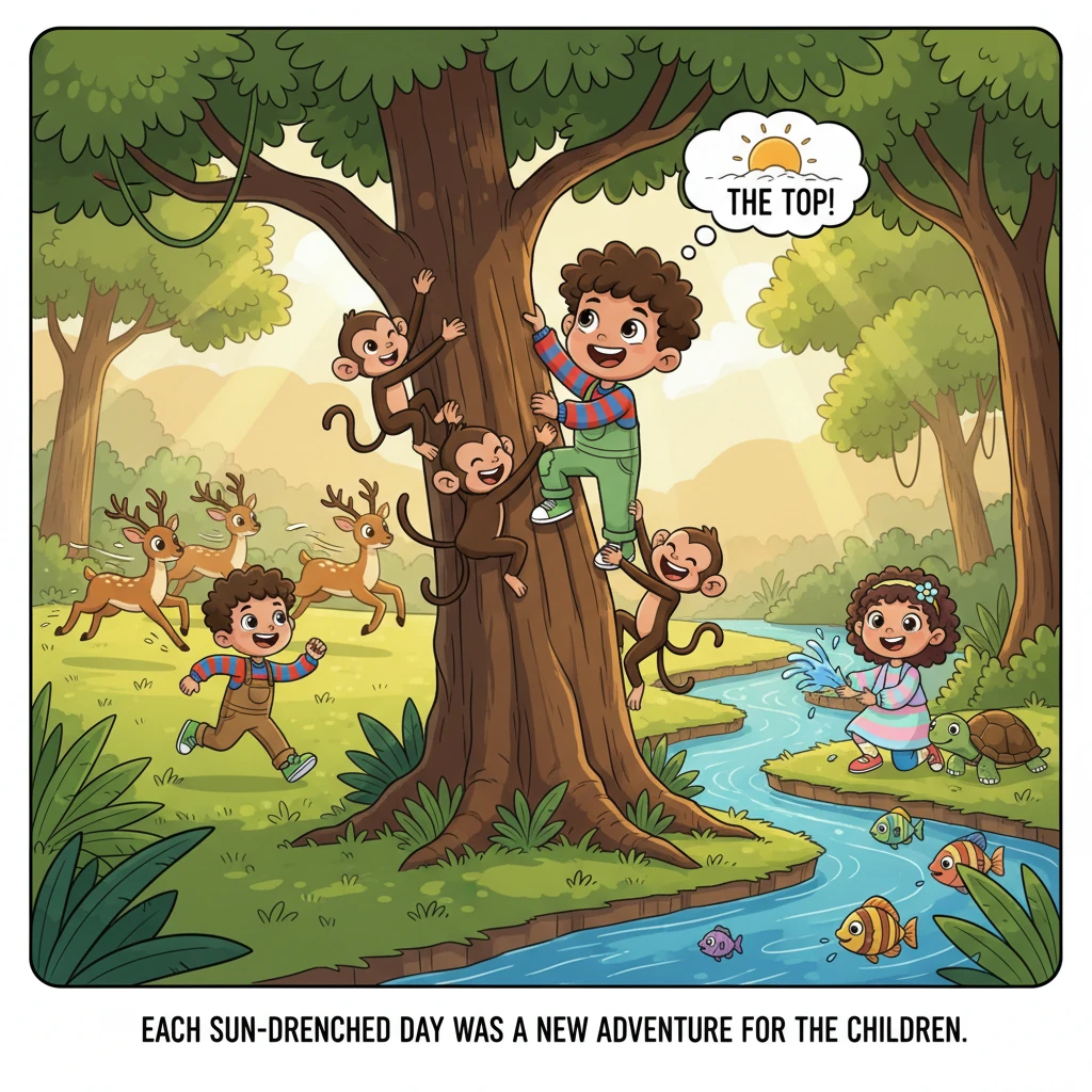 Each sun-drenched day was a new adventure for the children. Adam loved to race with the swift deer, learning their graceful jumps, while Lina splashed