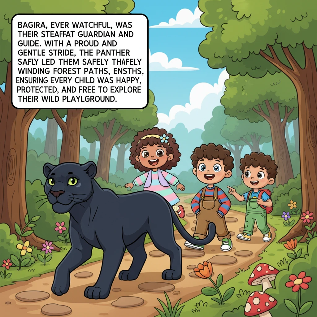 Bagira, ever watchful, was their steadfast guardian and guide. With a proud and gentle stride, the panther led them safely through the winding forest