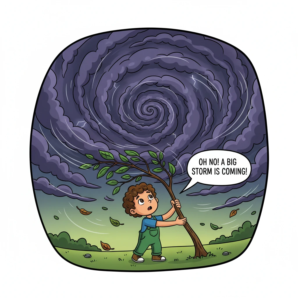 One afternoon, the sky began to darken ominously, and fierce winds rustled through the trees. Large, swirling storm clouds gathered above the valley,